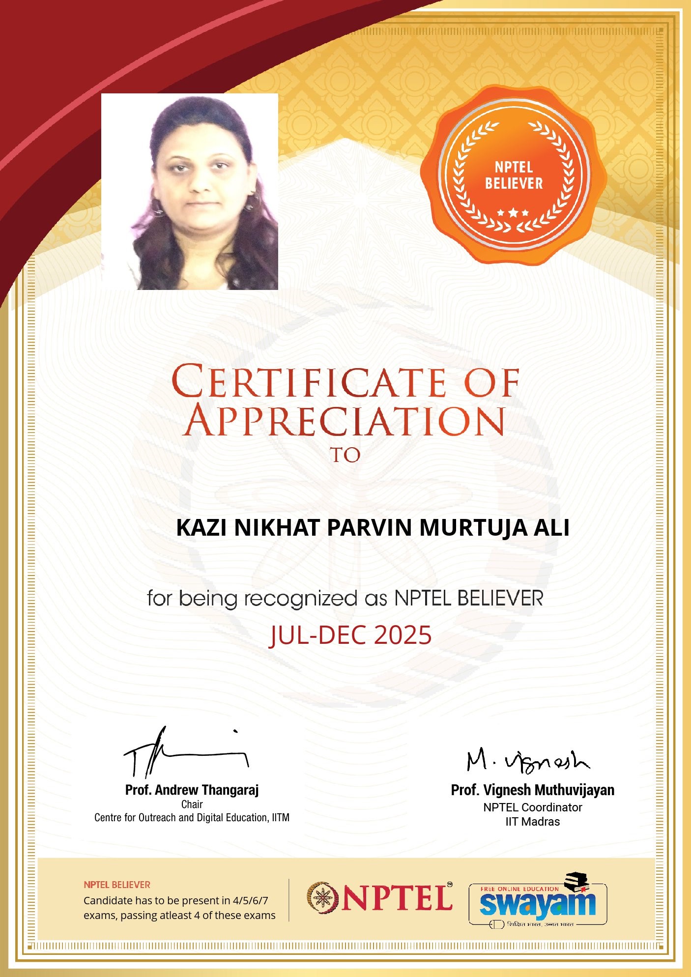 NPTEL Believer Certificate